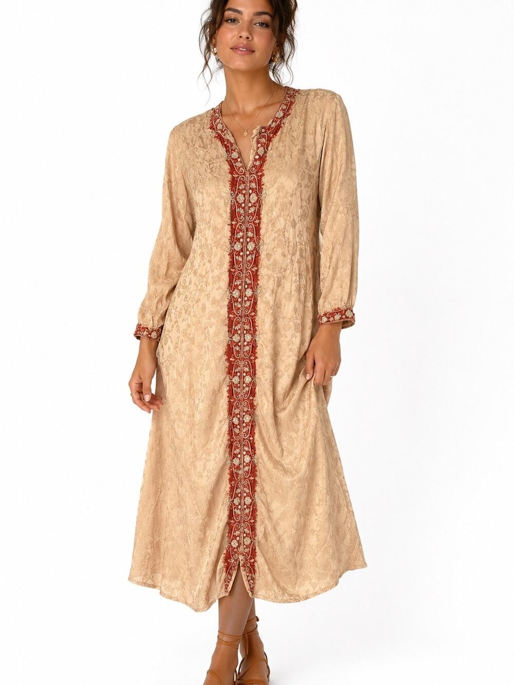 Vintage Embroidered Rayon Blend Midi Dress Boho Indian Gauze Lined Beige Gold S